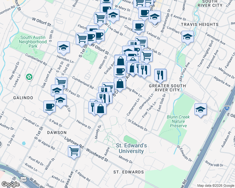 map of restaurants, bars, coffee shops, grocery stores, and more near 2701 South Congress Avenue in Austin