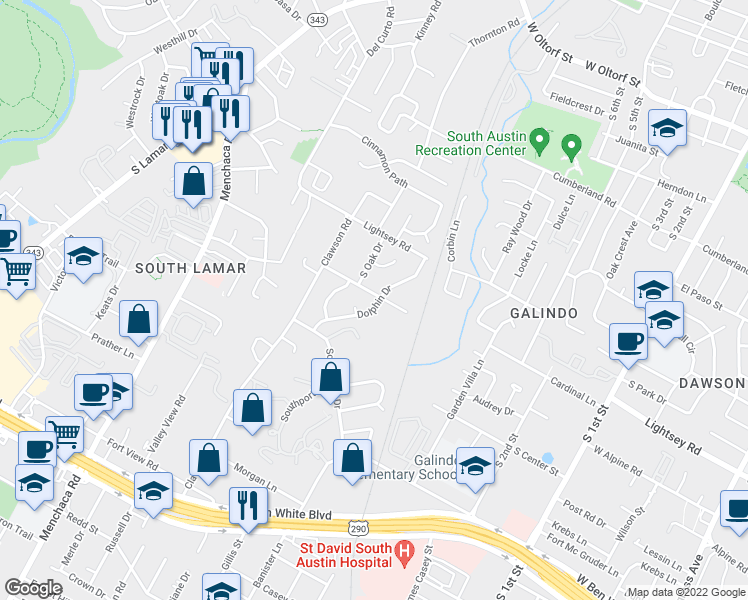 map of restaurants, bars, coffee shops, grocery stores, and more near 1413 Valleyridge Drive in Austin