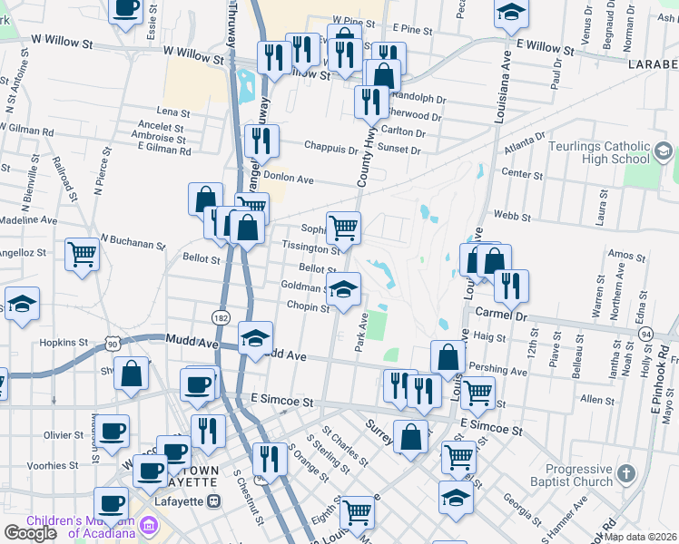 map of restaurants, bars, coffee shops, grocery stores, and more near in Lafayette