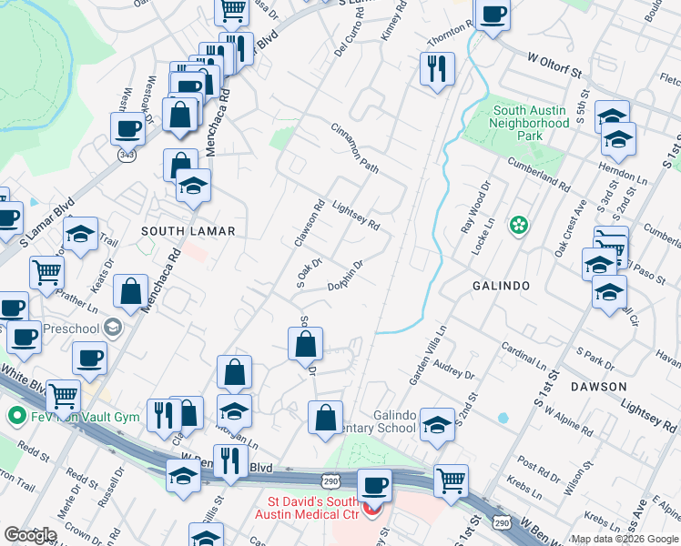 map of restaurants, bars, coffee shops, grocery stores, and more near 3321 Dolphin Drive in Austin