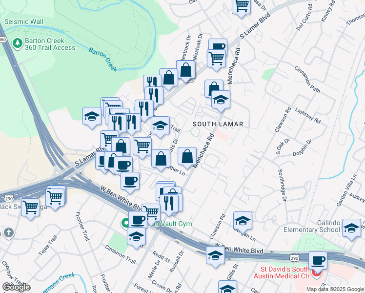 map of restaurants, bars, coffee shops, grocery stores, and more near 2102 Wordsworth Drive in Austin