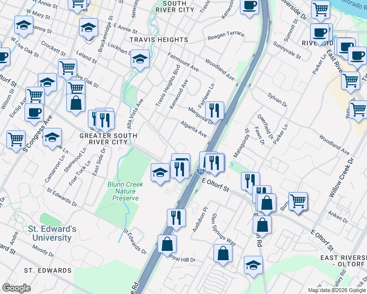 map of restaurants, bars, coffee shops, grocery stores, and more near 2139 Sage Creek Loop in Austin