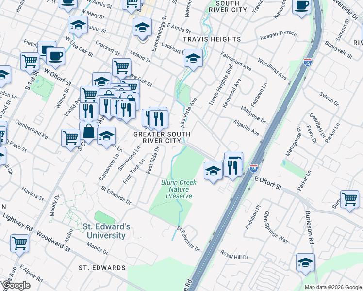 map of restaurants, bars, coffee shops, grocery stores, and more near 823 East Oltorf Street in Austin