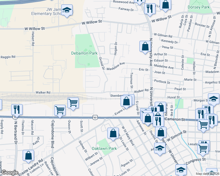 map of restaurants, bars, coffee shops, grocery stores, and more near 109 Dora Street in Lafayette