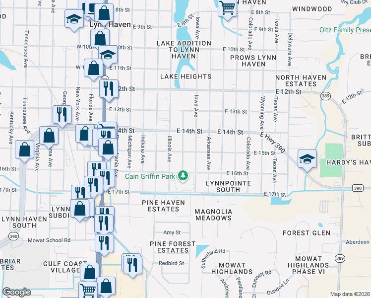 map of restaurants, bars, coffee shops, grocery stores, and more near 1502 Iowa Avenue in Lynn Haven