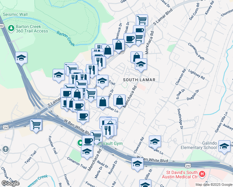 map of restaurants, bars, coffee shops, grocery stores, and more near 3802 Byron Drive in Austin
