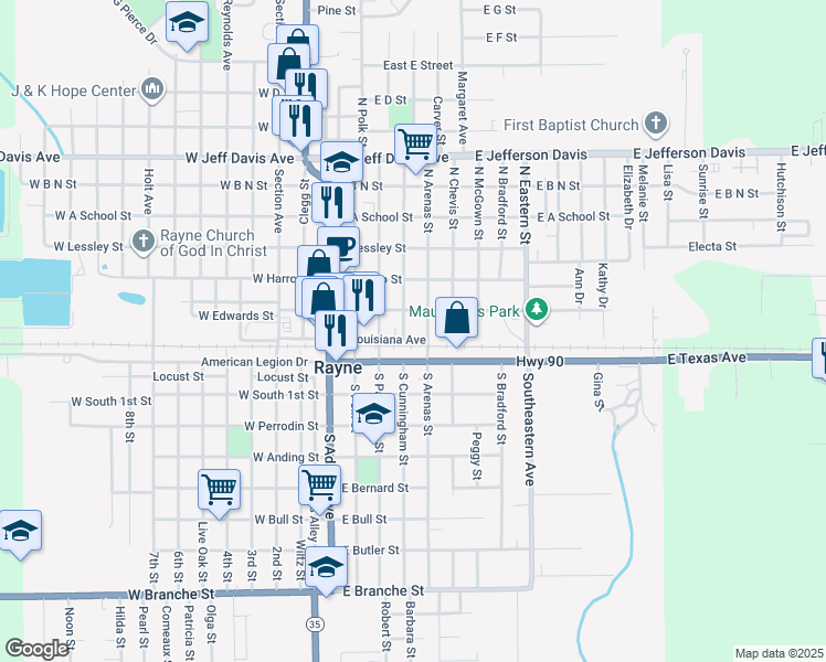 map of restaurants, bars, coffee shops, grocery stores, and more near 403 East Louisiana Avenue in Rayne