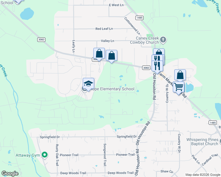 map of restaurants, bars, coffee shops, grocery stores, and more near 14816 Quinette Road in Conroe