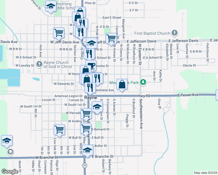 map of restaurants, bars, coffee shops, grocery stores, and more near 204 South Parkerson Street in Rayne