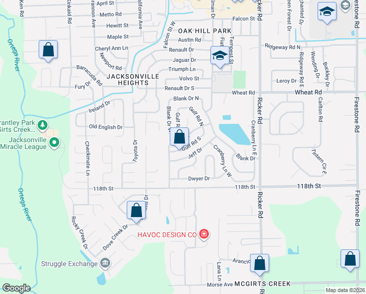 map of restaurants, bars, coffee shops, grocery stores, and more near 7961 Jeff Drive in Jacksonville