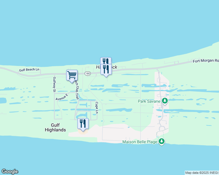 map of restaurants, bars, coffee shops, grocery stores, and more near Diamond Dr in Gulf Shores