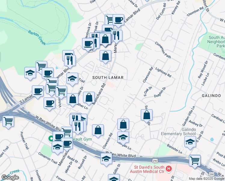 map of restaurants, bars, coffee shops, grocery stores, and more near 7 Valley View Road in Austin