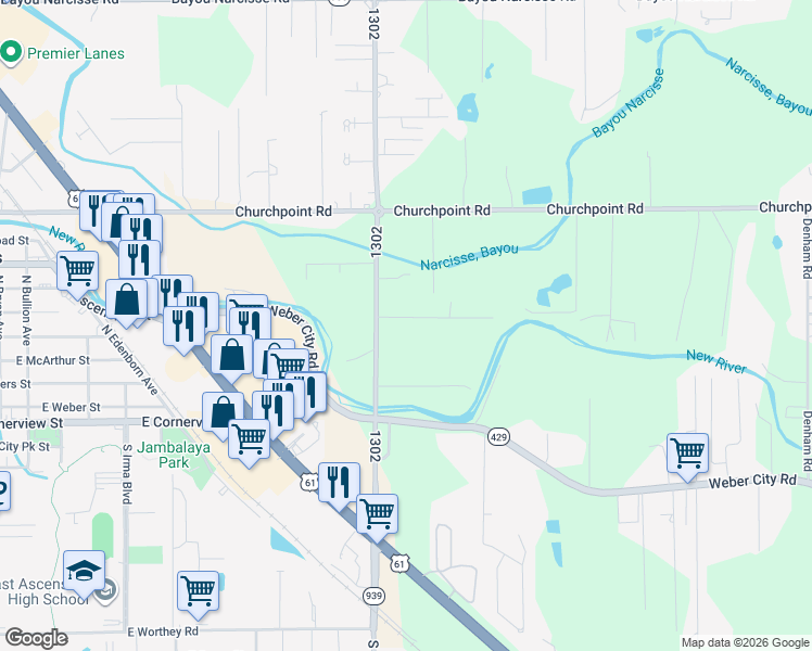 map of restaurants, bars, coffee shops, grocery stores, and more near 11370 Roddy Road in Gonzales
