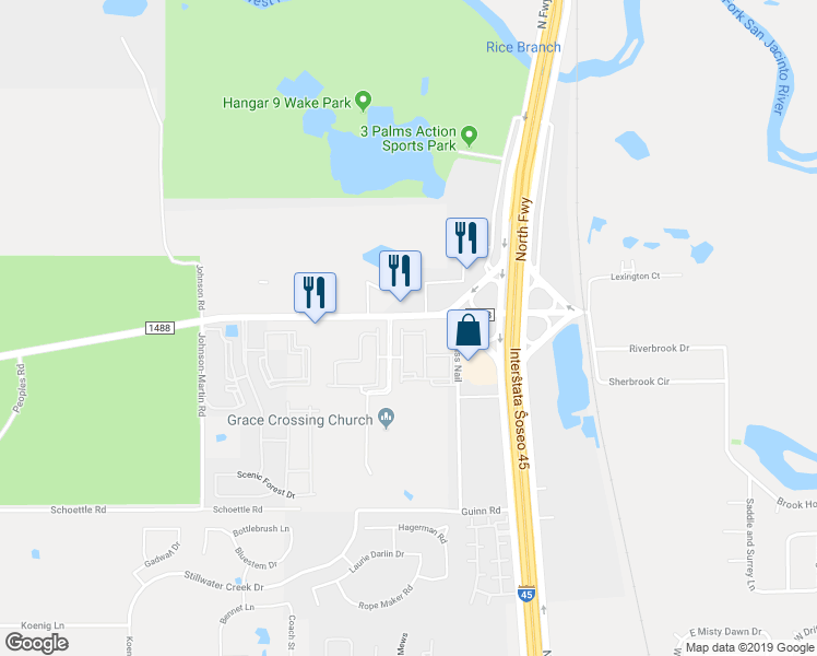 map of restaurants, bars, coffee shops, grocery stores, and more near 245 Farm to Market 1488 Road in Conroe