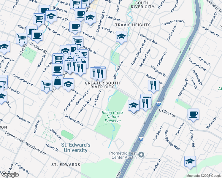 map of restaurants, bars, coffee shops, grocery stores, and more near 739 East Oltorf Street in Austin