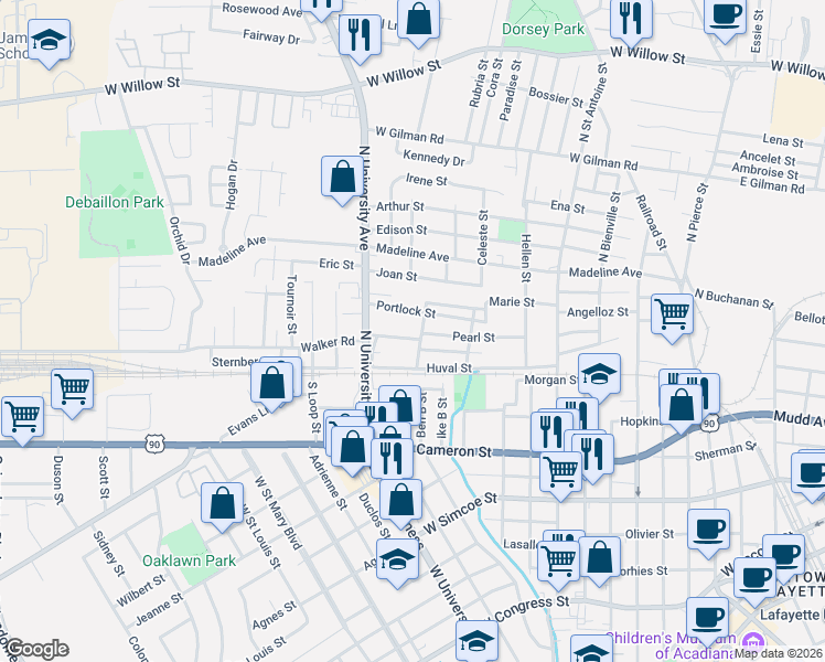 map of restaurants, bars, coffee shops, grocery stores, and more near 410 Huval Street in Lafayette