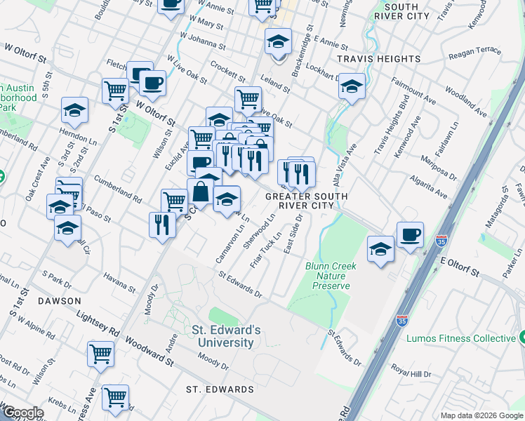 map of restaurants, bars, coffee shops, grocery stores, and more near 501 East Oltorf Street in Austin