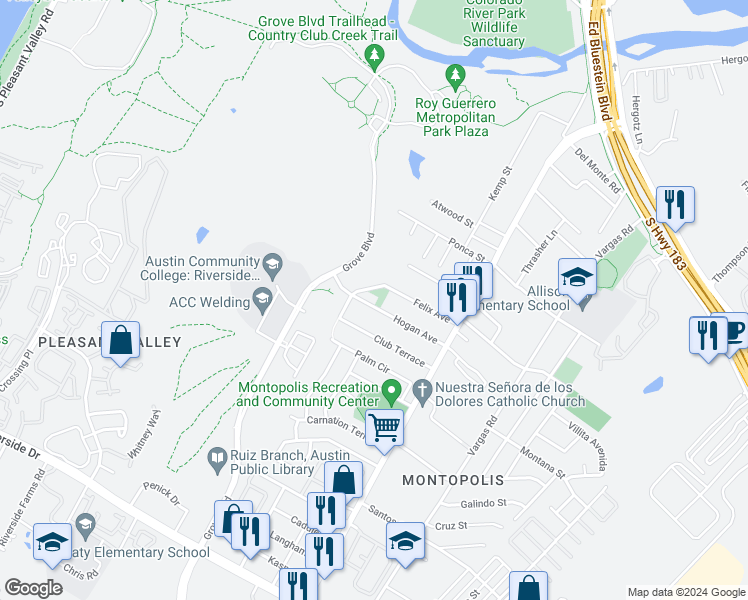 map of restaurants, bars, coffee shops, grocery stores, and more near 6006 Hogan Avenue in Austin