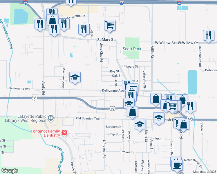 map of restaurants, bars, coffee shops, grocery stores, and more near 610 Delhomme Avenue in Scott