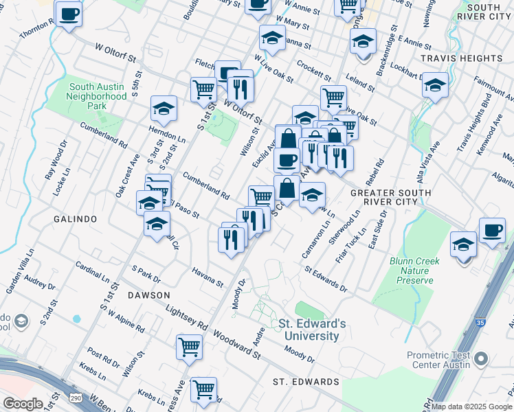 map of restaurants, bars, coffee shops, grocery stores, and more near 124 Cumberland Road in Austin
