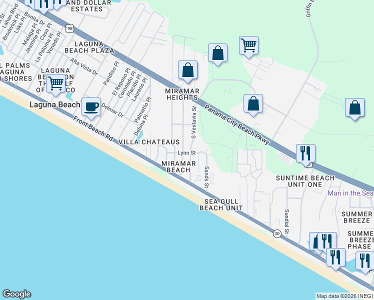 map of restaurants, bars, coffee shops, grocery stores, and more near 212 South Vestavia Street in Panama City Beach