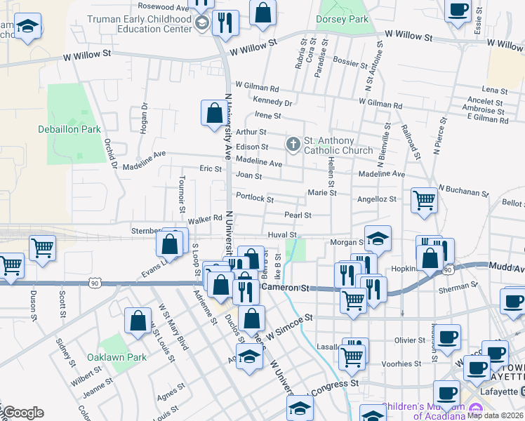 map of restaurants, bars, coffee shops, grocery stores, and more near 301 Jolivet Street in Lafayette