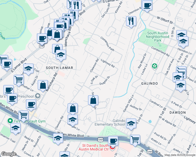 map of restaurants, bars, coffee shops, grocery stores, and more near 1605A Valleyridge Drive in Austin