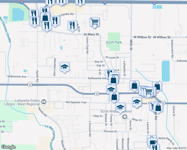map of restaurants, bars, coffee shops, grocery stores, and more near 804 Lions Club Road in Scott
