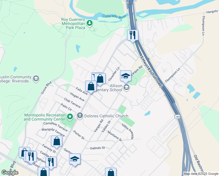 map of restaurants, bars, coffee shops, grocery stores, and more near 613A Thrasher Lane in Austin