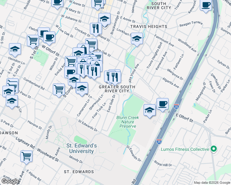 map of restaurants, bars, coffee shops, grocery stores, and more near in Austin