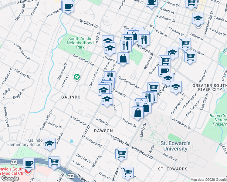 map of restaurants, bars, coffee shops, grocery stores, and more near 2715 South 1st Street in Austin