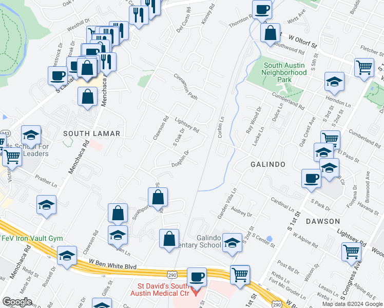 map of restaurants, bars, coffee shops, grocery stores, and more near 3202 Dolphin Drive in Austin