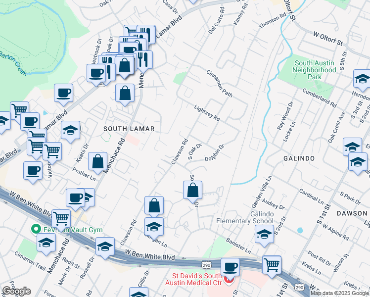 map of restaurants, bars, coffee shops, grocery stores, and more near 3312 Doolin Drive in Austin