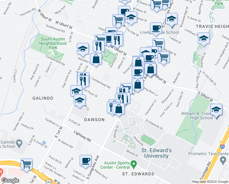 map of restaurants, bars, coffee shops, grocery stores, and more near 207 Cumberland Road in Austin