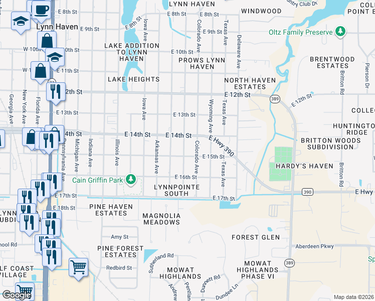 map of restaurants, bars, coffee shops, grocery stores, and more near 1404 Colorado Avenue in Lynn Haven