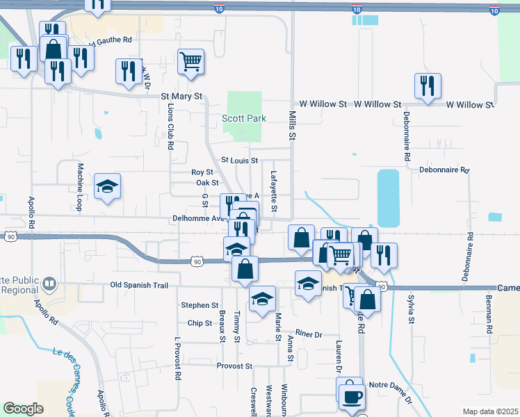 map of restaurants, bars, coffee shops, grocery stores, and more near 1108 Scott Street in Scott