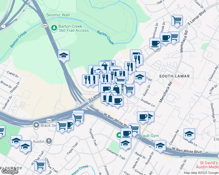 map of restaurants, bars, coffee shops, grocery stores, and more near 4004 South Lamar Boulevard in Austin