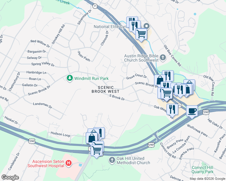 map of restaurants, bars, coffee shops, grocery stores, and more near 7117 Scenic Brook Drive in Austin