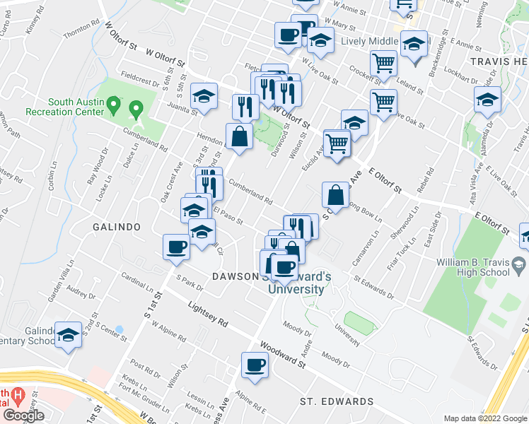 map of restaurants, bars, coffee shops, grocery stores, and more near 308 Ben Howell Drive in Austin