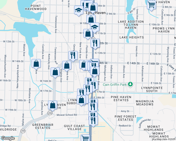 map of restaurants, bars, coffee shops, grocery stores, and more near 1415 Florida Avenue in Lynn Haven