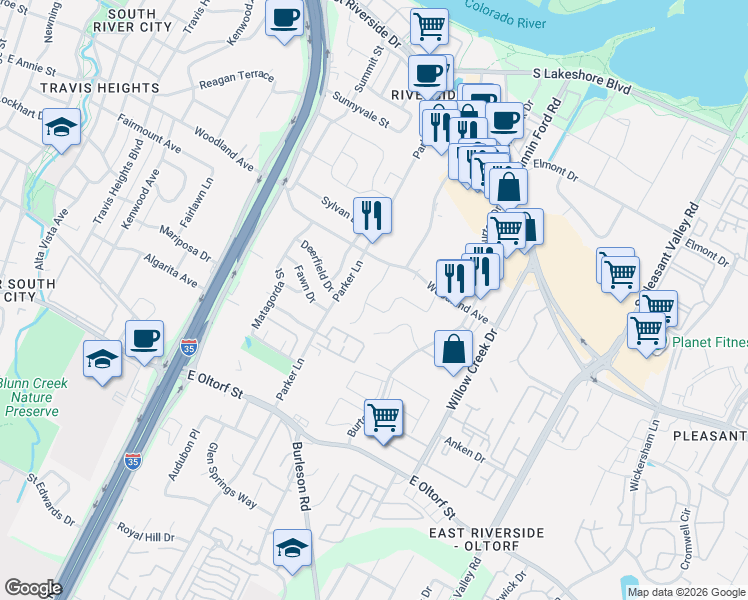 map of restaurants, bars, coffee shops, grocery stores, and more near 1804 Cedar Ridge Drive in Austin