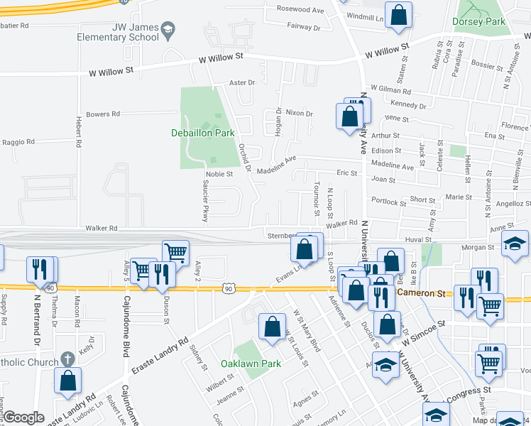 map of restaurants, bars, coffee shops, grocery stores, and more near 113 Dora Street in Lafayette