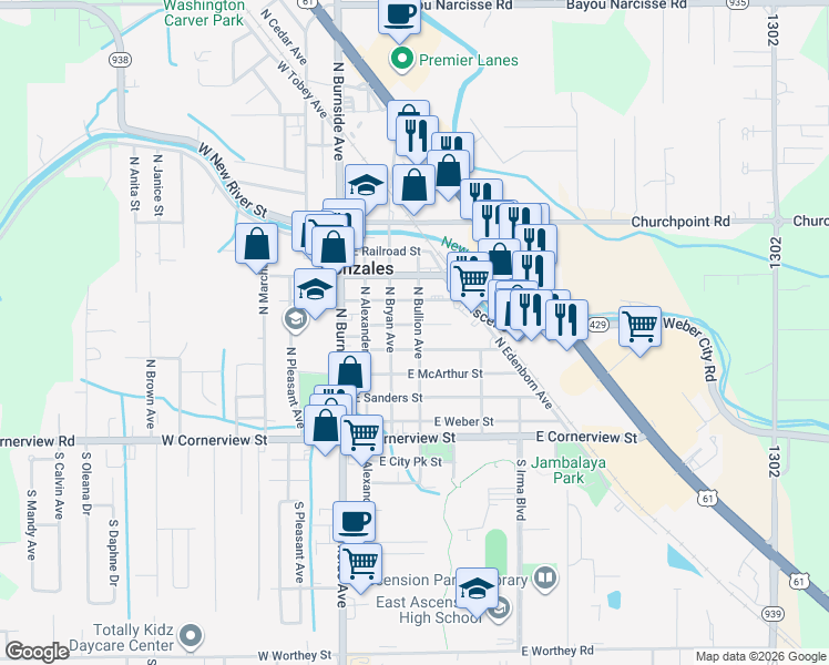 map of restaurants, bars, coffee shops, grocery stores, and more near 328 East Josephine Street in Gonzales
