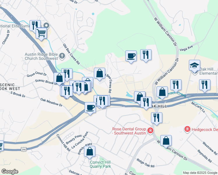map of restaurants, bars, coffee shops, grocery stores, and more near 6811 Old Bee Caves Road in Austin