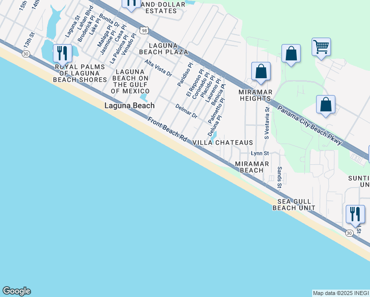 map of restaurants, bars, coffee shops, grocery stores, and more near 19100 Front Beach Road in Panama City Beach