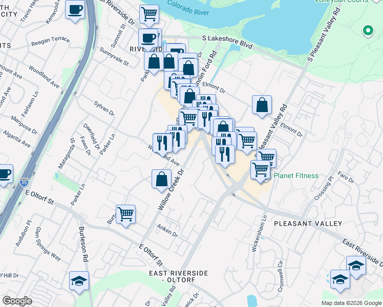 map of restaurants, bars, coffee shops, grocery stores, and more near 1700 Willow Creek Drive in Austin