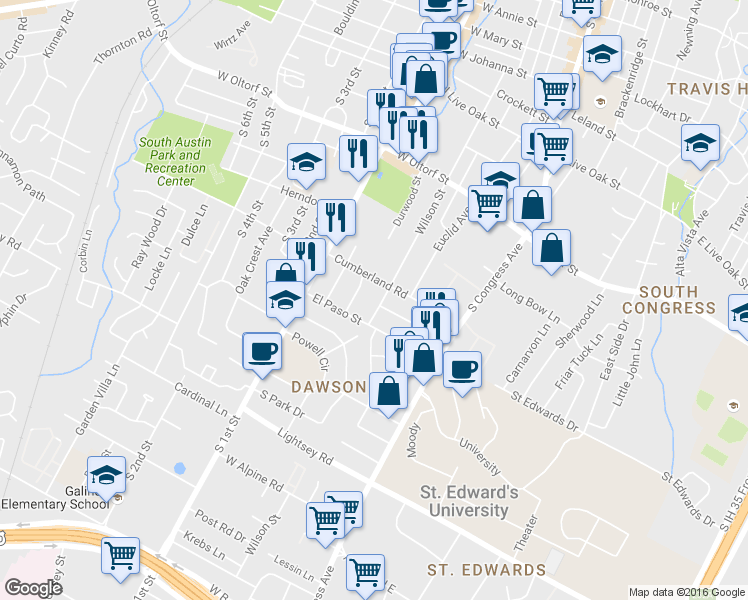 map of restaurants, bars, coffee shops, grocery stores, and more near 2700 Wilson Street in Austin