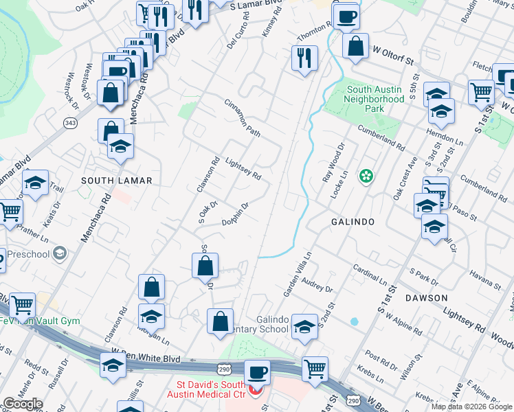 map of restaurants, bars, coffee shops, grocery stores, and more near 3202 Dolphin Drive in Austin