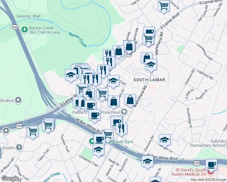map of restaurants, bars, coffee shops, grocery stores, and more near 2206 Prather Lane in Austin