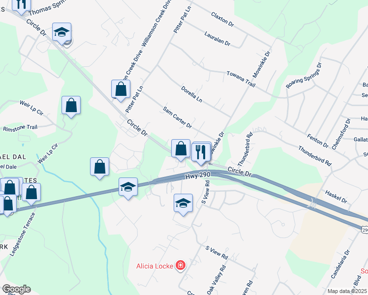map of restaurants, bars, coffee shops, grocery stores, and more near 8815 Sam Carter Drive in Austin